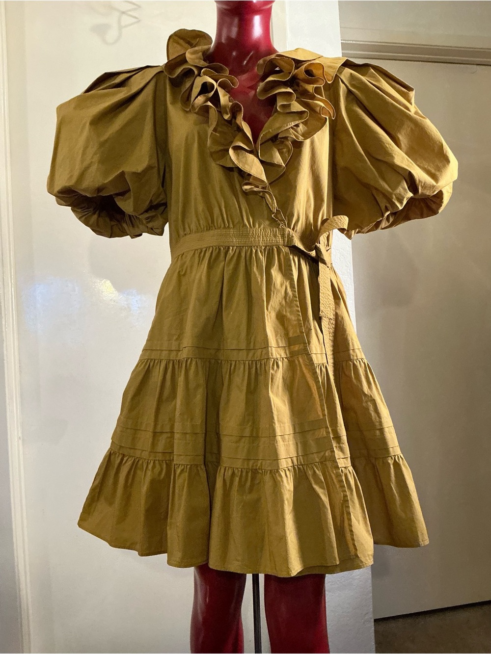 ULLA JOHNSON “MAUDE” Mustard Ruffle V-Neck Mini Dress Women Sz 8 - Picture 3 of 17
